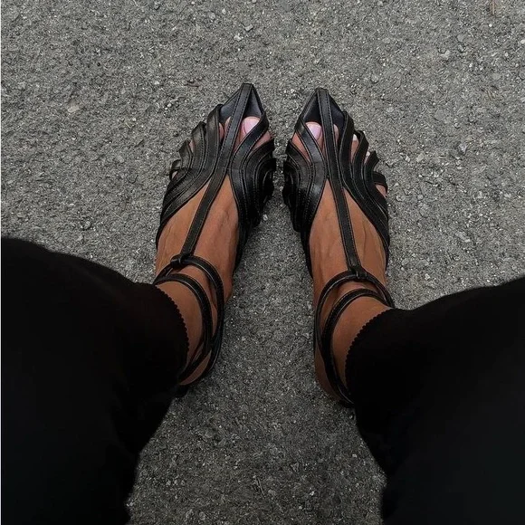 Black Leather Slingback Sandals with Cage Design - Picture 4 of 6